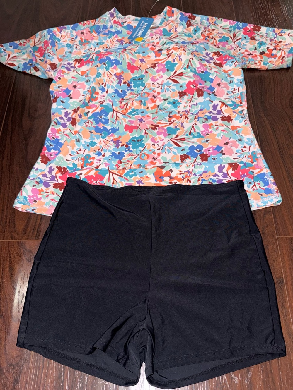 Women’s Floral Rash Guard Top and Black Swim Shorts - Multi-Color Floral